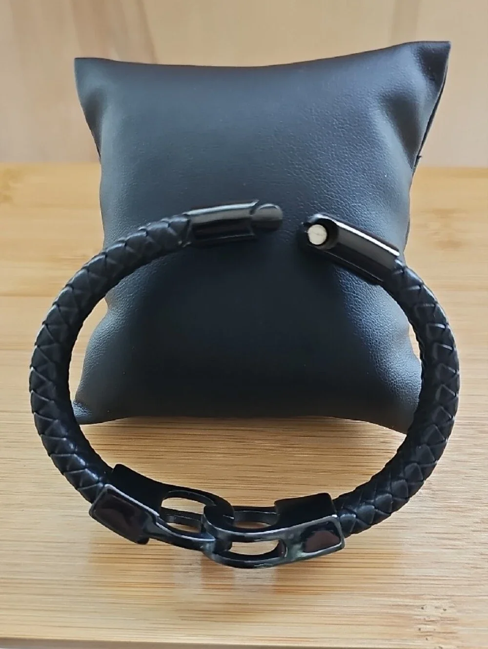 Men's Black Braided Genuine Leather Stainless Steel Bracelet with Magnetic Clasp